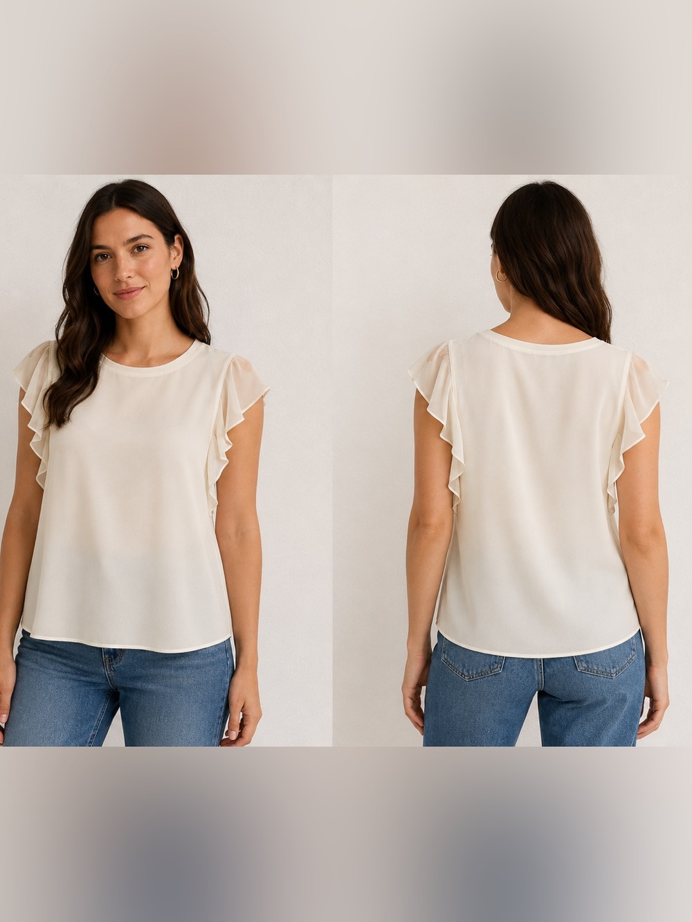 ZARA Woman Ivory Chiffon Flutter Sleeve Blouse XS - Sheer Flowy Top